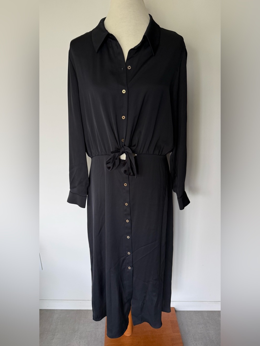 Zara Black Long-Sleeve Button-Front Tie-Waist Shirt Dress